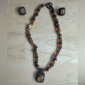 Amber and Brown Beaded Necklace and Earring Set